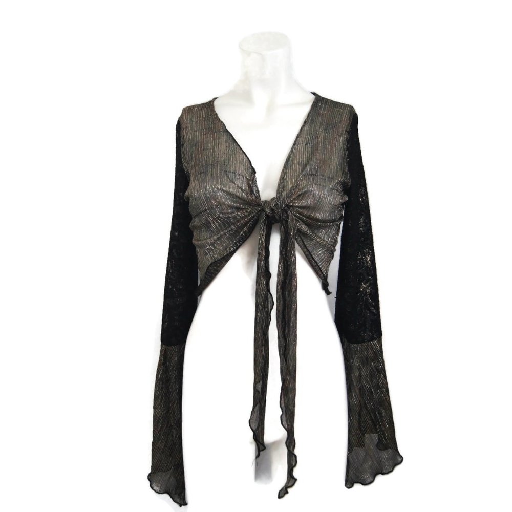 Vintage Metallic Blouse Retro Front Tie Long Sleeve Top Bell Sleeve